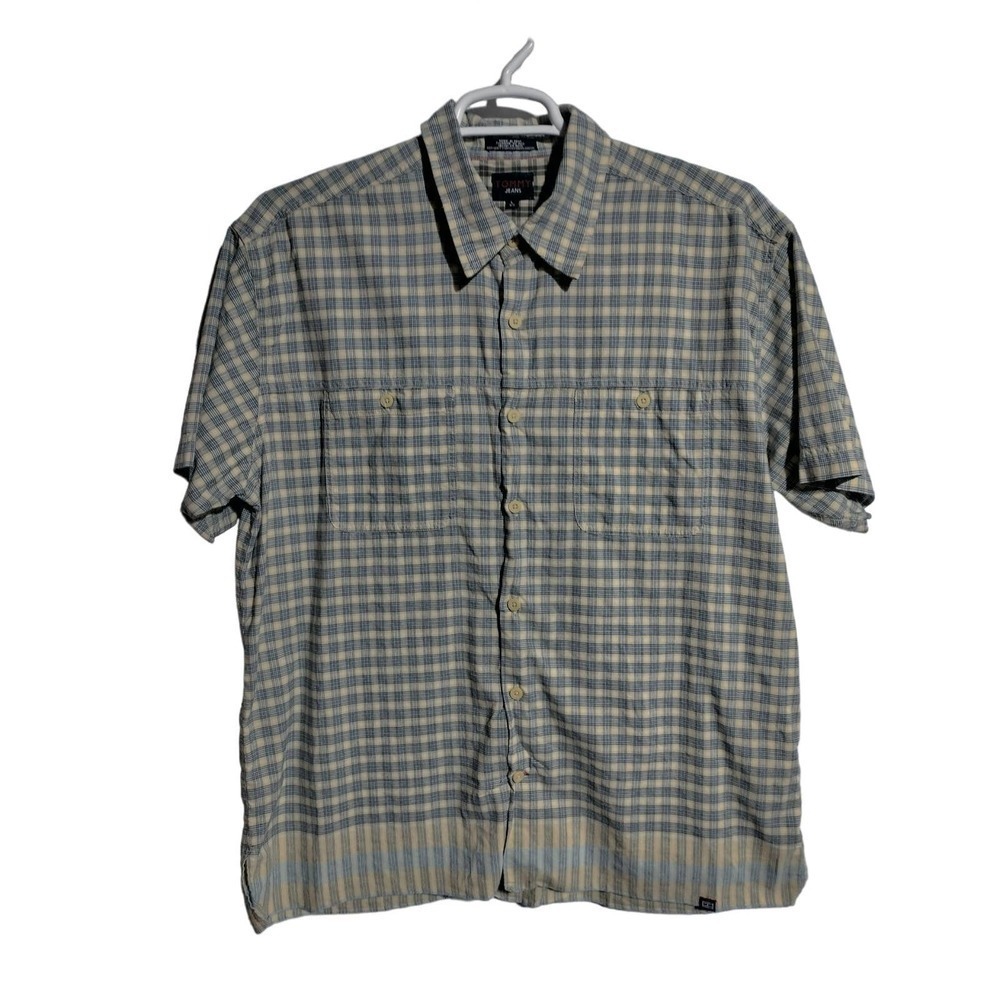 Tommy Jeans men short sleeve casual blue plaid button shirt 100% Cotton size LG